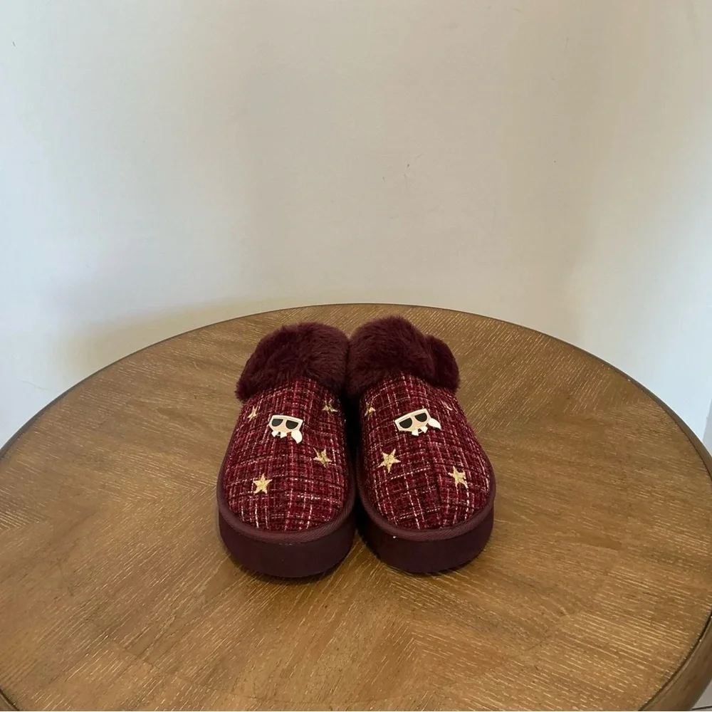 Karl Lagerfeld Hessa Tweed Gold Faux Fur Trim Platform Slides